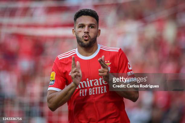 Goncalo Ramos of SL Benfica celebrates scoring SL Benfica second goal during the Liga Portugal Bwin match between SL Benfica and CS Maritimo at...