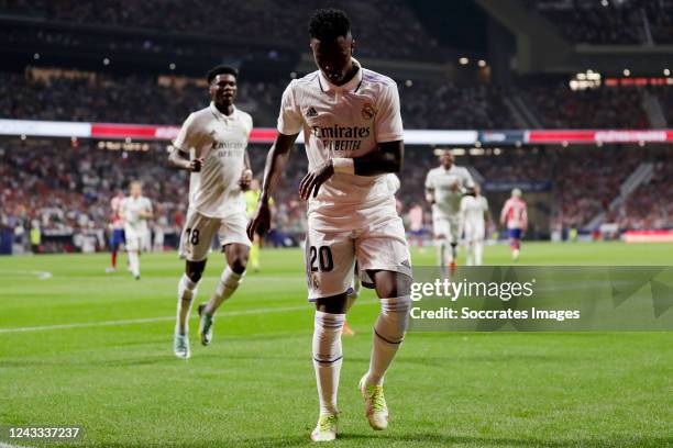 Vinicius Junior of Real Madrid celebrates 0-1 during the La Liga Santander match between Atletico Madrid v Real Madrid at the Estadio Civitas...