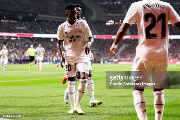 Vinicius Junior of Real Madrid celebrates 0-1 with Aurelien Tchouameni of Real Madrid during the La Liga Santander match between Atletico Madrid v...