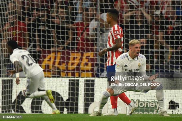 Real Madrid's Uruguayan midfielder Federico Valverde celebrates during the Spanish League football match between Club Atletico de Madrid and Real...