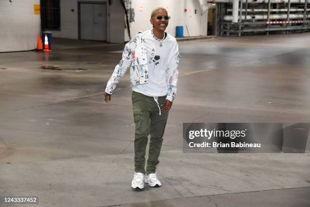 Courtney Williams of the Connecticut Sun arrives to the arena during the 2022 WNBA Finals on September 18, 2022 at Mohegan Sun Arena in Uncasville,...