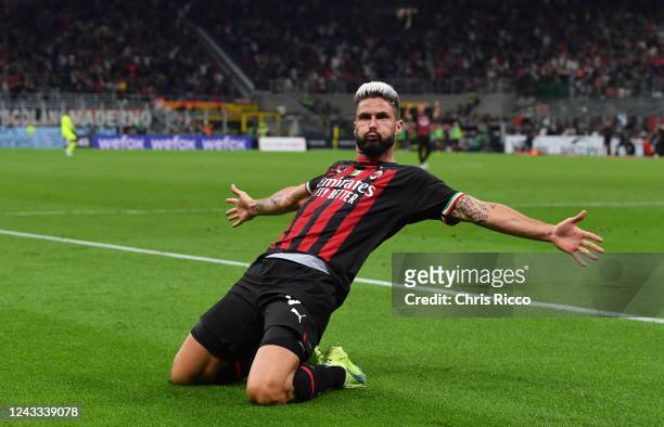 Olivier Giroud of AC Milan celebrates goal during the Serie A match between AC Milan and SSC Napoli at Stadio Giuseppe Meazza on September 18, 2022...