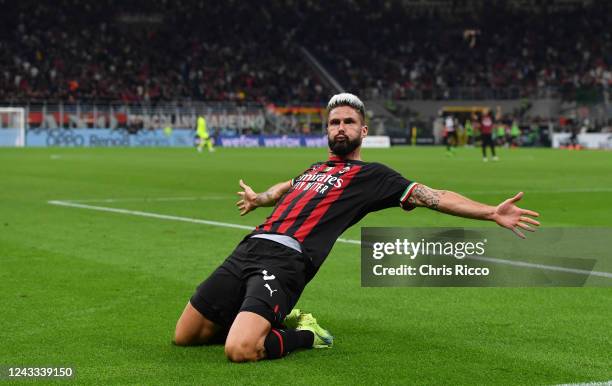 Olivier Giroud of AC Milan celebrates goal during the Serie A match between AC Milan and SSC Napoli at Stadio Giuseppe Meazza on September 18, 2022...