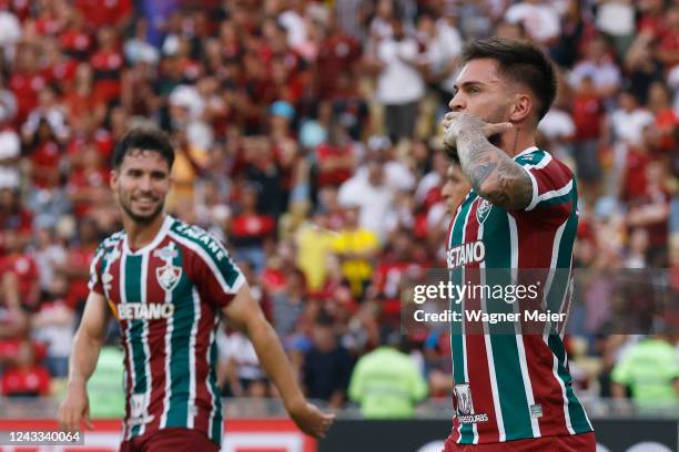 Nathan of Fluminense celebrates after scoring the second goal of his team during a match between Flamengo and Fluminense as part of Brasileirao 2022...