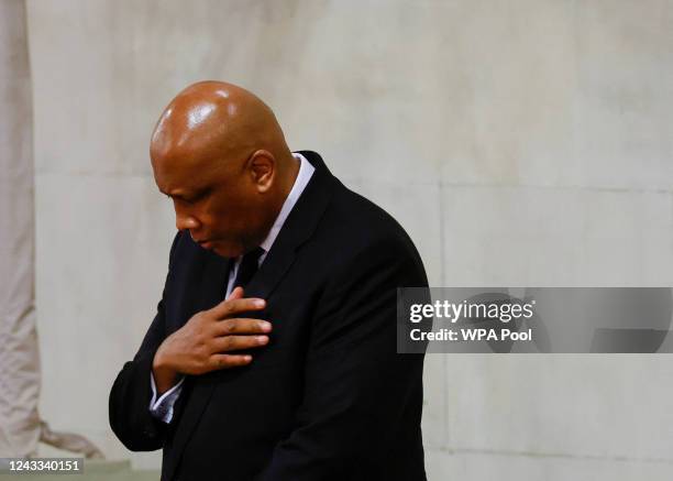 King of Lesotho, Letsie III pays his respects to Britain's Queen Elizabeth, following her death, during her lying-in-state at Westminster Hall on...