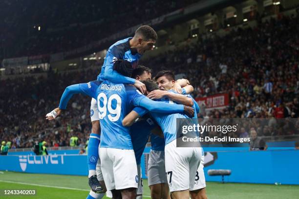 Giovanni Simeone of SSC Napoli celebrates after scoring his team's second goal with team mates during the Serie A match between AC MIlan and SSC...