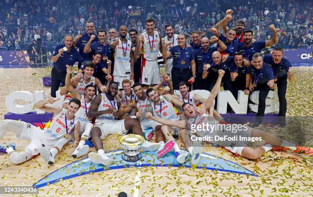 Team of Spain celebrates with the trophy after the FIBA EuroBasket 2022 final match between Spain and France at EuroBasket Arena Berlin on September...