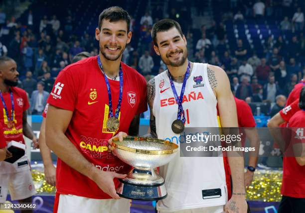 Willy Hernangomez, Juancho Hernangomez of Spain celebrate with the trophy after the FIBA EuroBasket 2022 final match between Spain and France at...