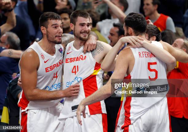 Willy Hernangomez, Juancho Hernangomez, Rudy Fernandez of Spain celebrate after the winning during the FIBA EuroBasket 2022 final match between Spain...