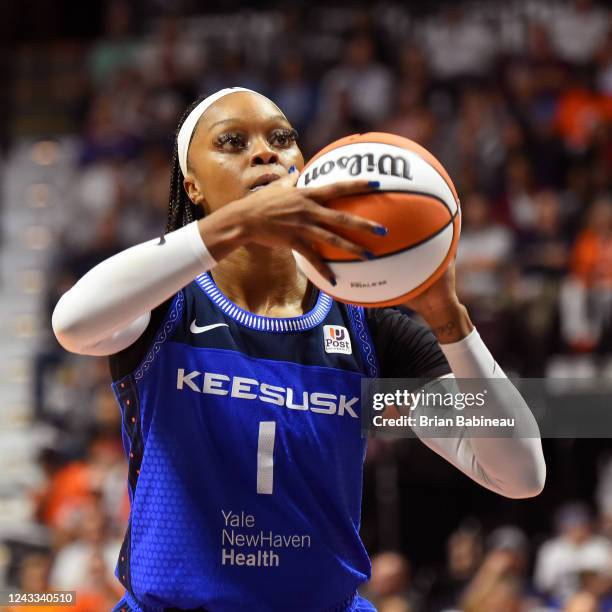 Odyssey Sims of the Connecticut Sun shoots a free throw against the Las Vegas Aces during Game 4 of the 2022 WNBA Finals on September 18, 2022 at...