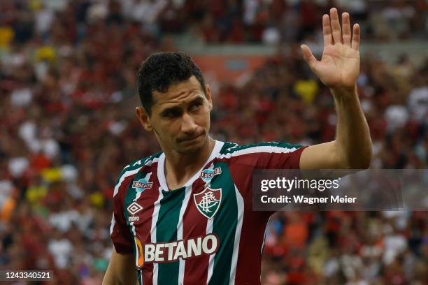 Paulo Henrique Ganso of Fluminense reacts during a match between Flamengo and Fluminense as part of Brasileirao 2022 at Maracana Stadium on September...