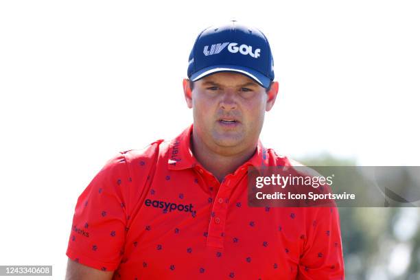 Golfer Patrick Reed warms up on the practice range during the final round of the LIV Golf Invitational Series Chicago at Rich Harvest Farms in Sugar...