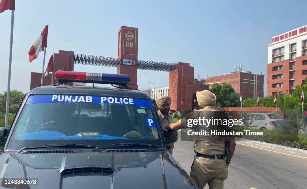 Police personnel deployed outside Chandigarh University following late night protest over an objectionable leaked video of female students, on...