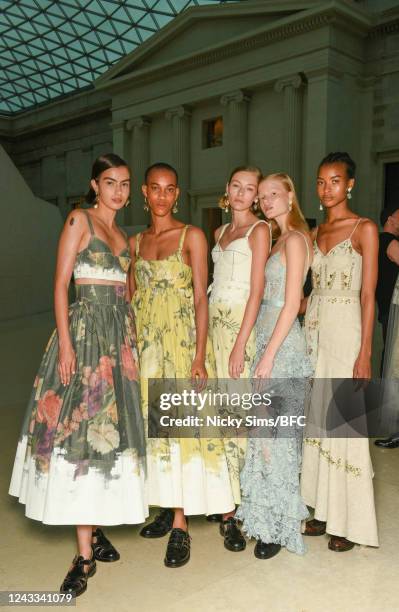 Models backstage ahead of the Erdem show at the British Museum during London Fashion Week September 2022 on September 18, 2022 in London, England.