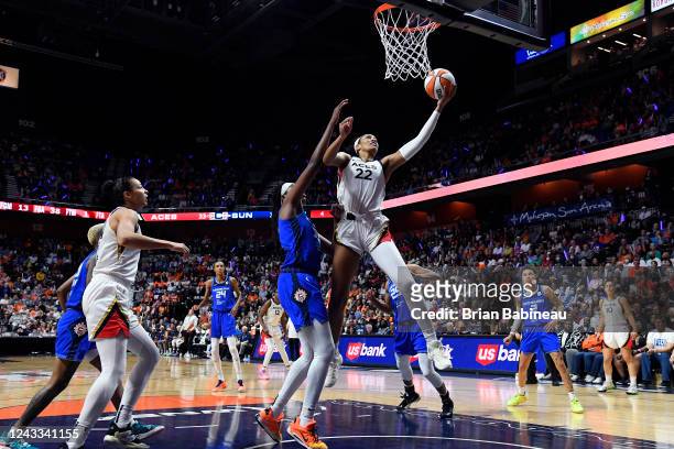Sequence 2 of _3 A'ja Wilson of the Las Vegas Aces drives to the basket during Game 4 of the 2022 WNBA Finals on September 18, 2022 at Mohegan Sun...