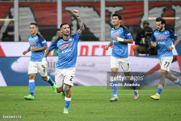 Matteo Politano of SSC Napoli celebrates after scoring a penalty kick during the Serie A championship football match AC Milan vs Napoli at San Siro...