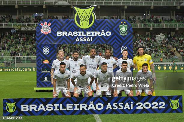 Players of Corinthians pose for photos before the match between America and Corinthians as part of Brasileirao 2022 at Independencia Stadium on...