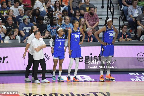 Head Coach Curt Miller, Odyssey Sims, DeWanna Bonner and Jonquel Jones of the Connecticut Sun look on during Game 5 of the WNBA Finals on September...