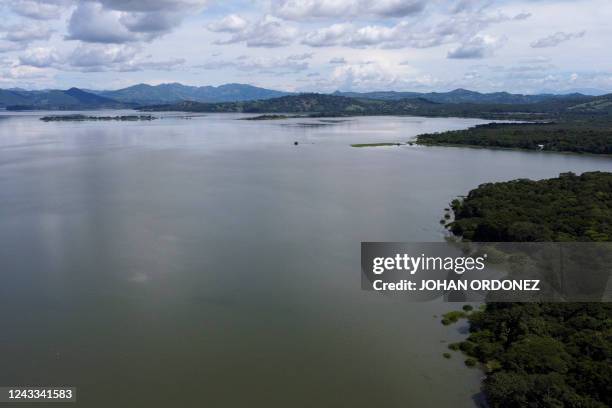 Areal view of the Guija lake in Asuncion Mita municipality, Guatemala, on September 18 during a community consultation to endorse or reject the...