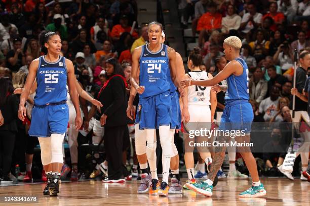 DeWanna Bonner of the Connecticut Sun celebrates during Game 4 of the 2022 WNBA Finals on September 18, 2022 at Mohegan Sun Arena in Uncasville,...