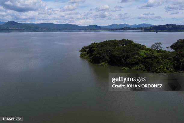 Areal view of the Guija lake in Asuncion Mita municipality, Guatemala, on September 18 during a community consultation to endorse or reject the...