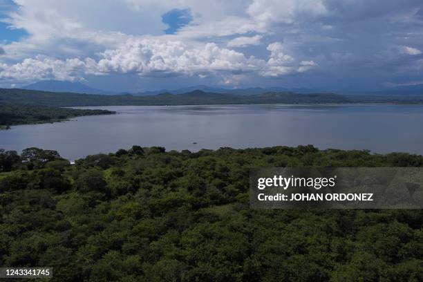 Areal view of the Guija lake in Asuncion Mita municipality, Guatemala, on September 18 during a community consultation to endorse or reject the...