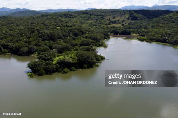 Areal view of the Guija lake in Asuncion Mita municipality, Guatemala, on September 18 during a community consultation to endorse or reject the...