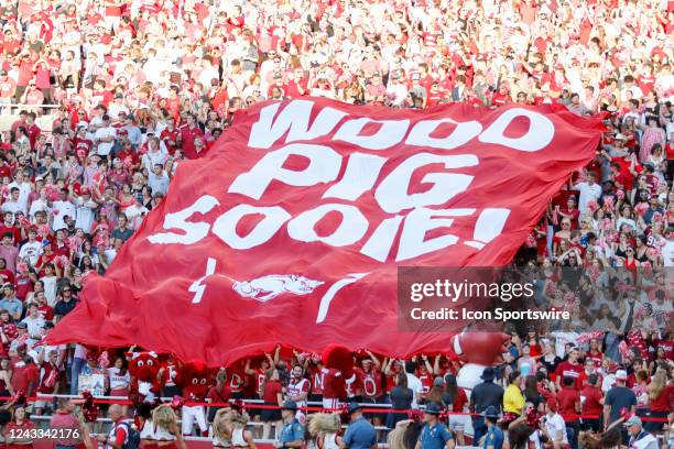 Large Woo Pig Sooie banner held up by students during the college football game between the Missouri State Bears and Arkansas Razorbacks on September...