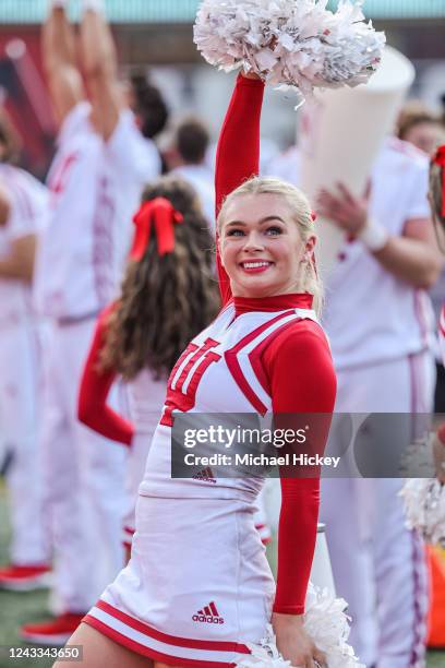 An Indiana Hoosiers cheerleader is seen during the game against Western Kentucky Hilltoppers at Memorial Stadium on September 17, 2022 in...