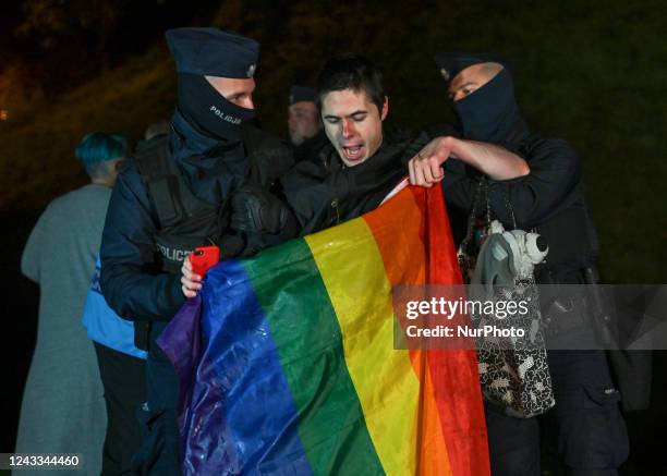 Anti-government and LGBT activist is arrested by members of the local Police during a protest near Wawel Castle in Krakow. The protest takes place...