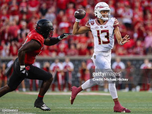 Jordan Travis of the Florida State Seminoles is seen during the game against the Louisville Cardinals at Cardinal Stadium on September 16, 2022 in...