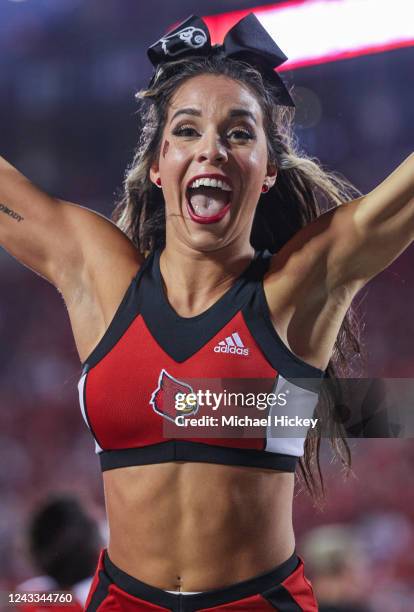 Louisville Cardinals cheerleader is seen during the game against the Florida State Seminoles at Cardinal Stadium on September 16, 2022 in Louisville,...