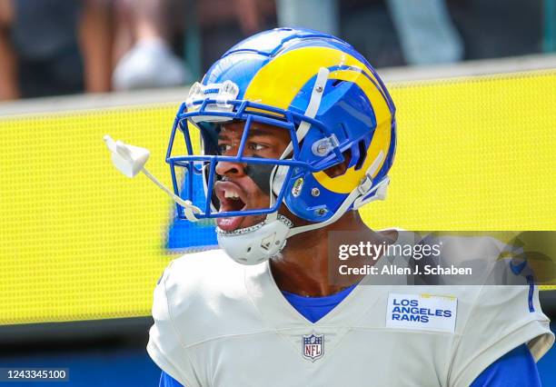 Los Angeles, CA Rams wide receiver Allen Robinson II celebrates his touchdown in the first half at SoFi Stadium in Los Angeles on Sunday, Sept. 18,...