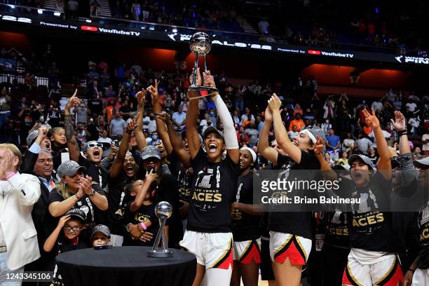 The Las Vegas Aces celebrate after Game 4 of the 2022 WNBA Finals on September 18, 2022 at Mohegan Sun Arena in Uncasville, Connecticut. NOTE TO...