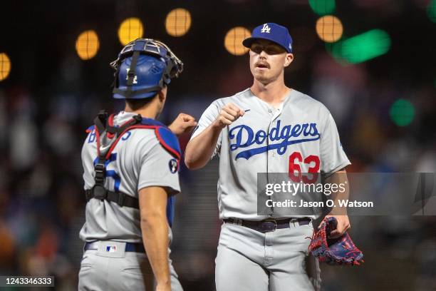 Austin Barnes of the Los Angeles Dodgers celebrates with Justin Bruihl after the game against the San Francisco Giants at Oracle Park on September...