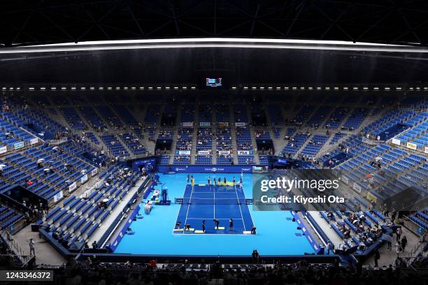 Rainfall suspends the Singles first round match between Wang Qiang of China and Elise Mertens of Belgium during day one of Toray Pan Pacific Open at...