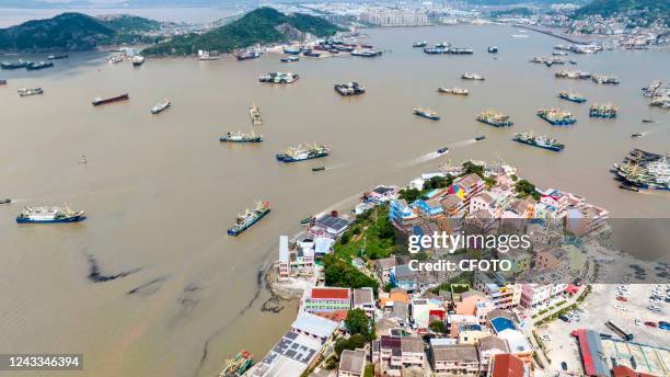 Aerial photo of Colorful fishing village in Taizhou, Zhejiang Province, China, Sept 17, 2022.