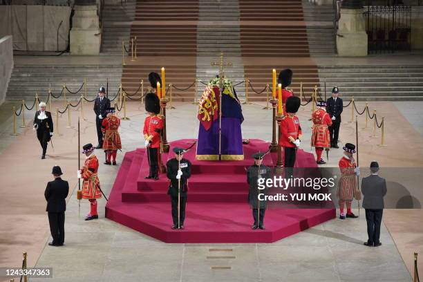 Lady usher of the Black Rod, Sarah Clarke arrives to pay her respects at 06:29am after the final members of the public paid their respects pay their...