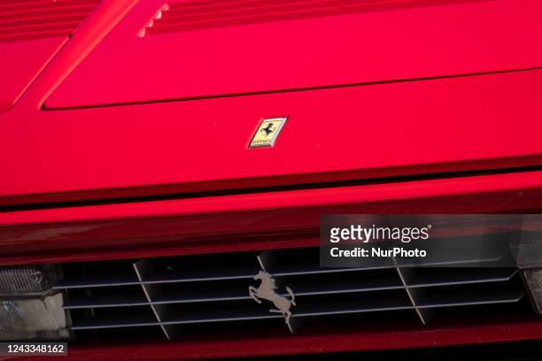 The logo of Ferrari during a Classic Cars show &quot;Coppa del Gran Sasso d'Italia 2022&quot; in Piazza Duomo, L'Aquila, Italy, on September 18, 2022.