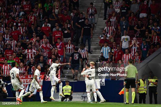 Eder Militao, Rodrygo, Vinicius Junior, Daniel Carvajal, Aurelien Tchouameni and Federico Valverde celebrates a goal during La Liga match between...