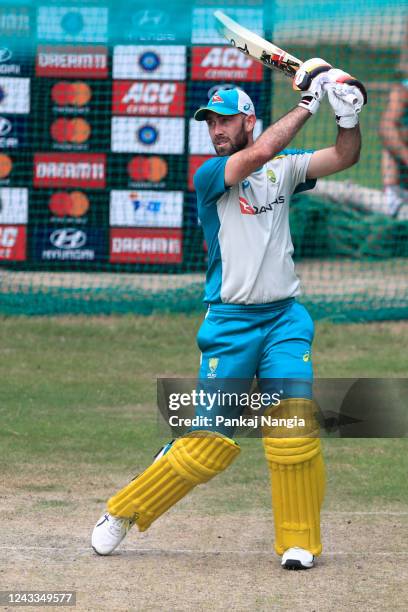 Glenn Maxwell of Australia bats during the practice session at Punjab Cricket Association Stadium on September 19, 2022 in Mohali, India.