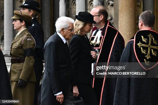 Italy's President Sergio Mattarella and his daughter Laura Mattarella arrive at Westminster Abbey in London on September 19 for the State Funeral...