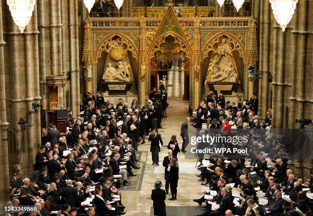 Guests arrive ahead of the State Funeral of Queen Elizabeth II at Westminster Abbey on September 19, 2022 in London, England. Elizabeth Alexandra...