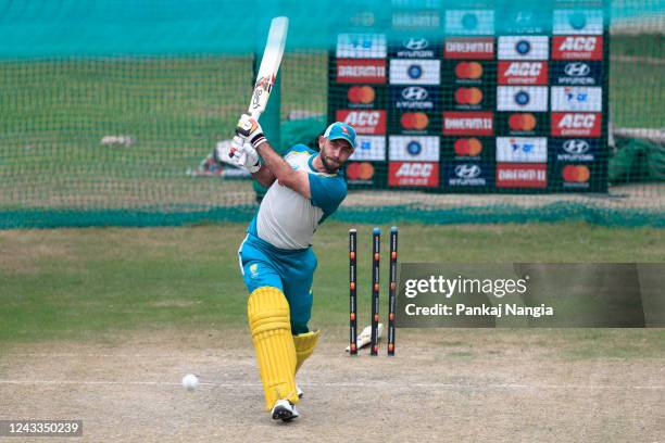 Glenn Maxwell of Australia bats during the practice session at Punjab Cricket Association Stadium on September 19, 2022 in Mohali, India.