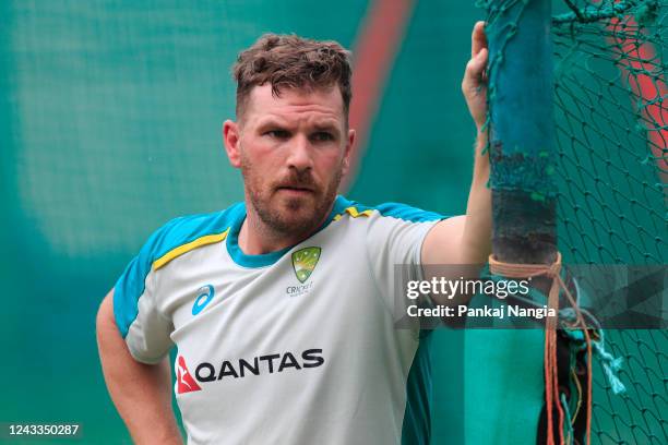 Aaron Finch of Australia during the practice session at Punjab Cricket Association Stadium on September 19, 2022 in Mohali, India.