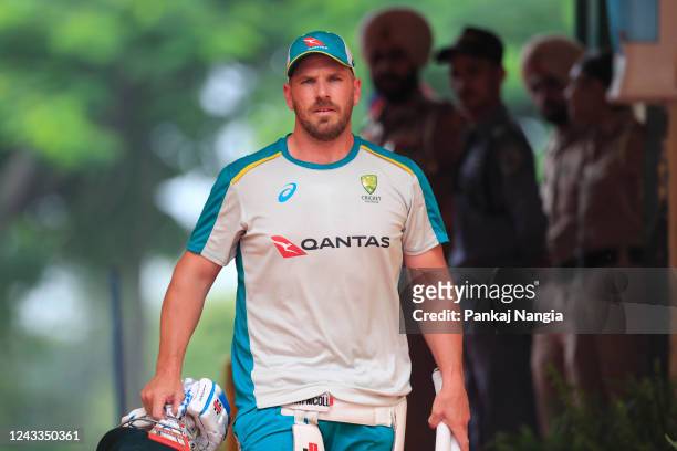 Aaron Finch of Australia during the practice session at Punjab Cricket Association Stadium on September 19, 2022 in Mohali, India.
