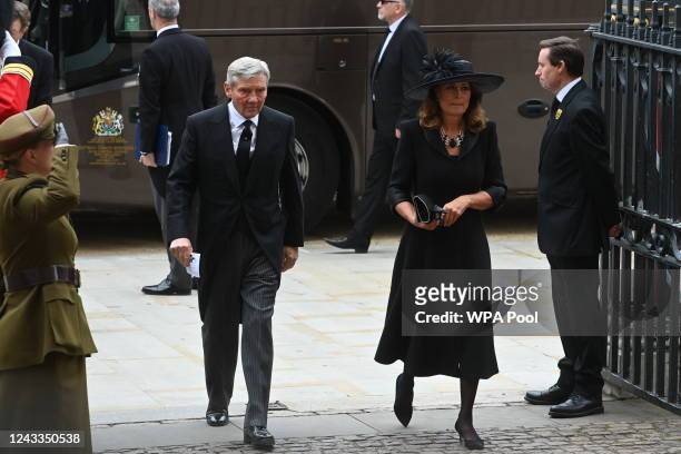 Carole Middleton and Michael Middleton arrive for the State Funeral of Queen Elizabeth II at Westminster Abbey on September 19, 2022 in London,...