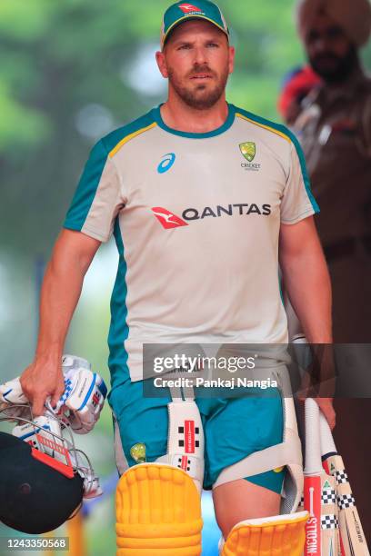 Aaron Finch of Australia during the practice session at Punjab Cricket Association Stadium on September 19, 2022 in Mohali, India.