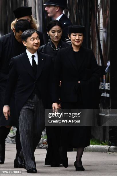 Japan's Emperor Naruhito and Japan's Empress Masako arrive for the State Funeral of Queen Elizabeth II at Westminster Abbey on September 19, 2022 in...