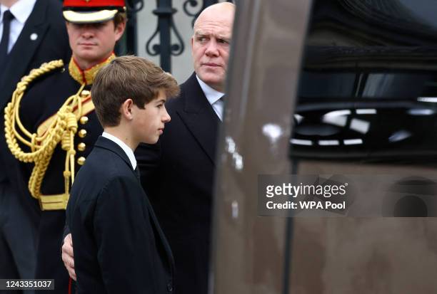 James, Viscount Severn, and Mike Tindall arrive for the State Funeral of Queen Elizabeth II at Westminster Abbey on September 19, 2022 in London,...